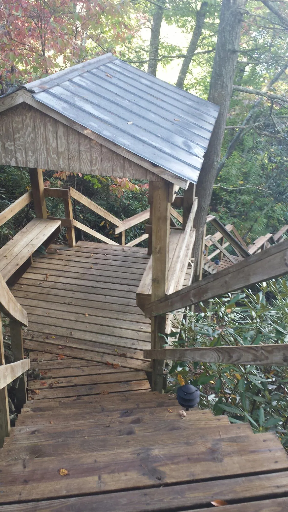 Metal roofed shelter over wooden steps on a wooded walkway — Skylight Repair & Installation work by our crew in Tennessee